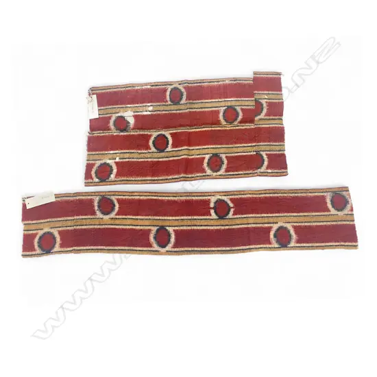 Textile Fragments – silk, - ikat woven - Uzbek - red band bordered with green fibrilated black with red dot. 97 x 18cm